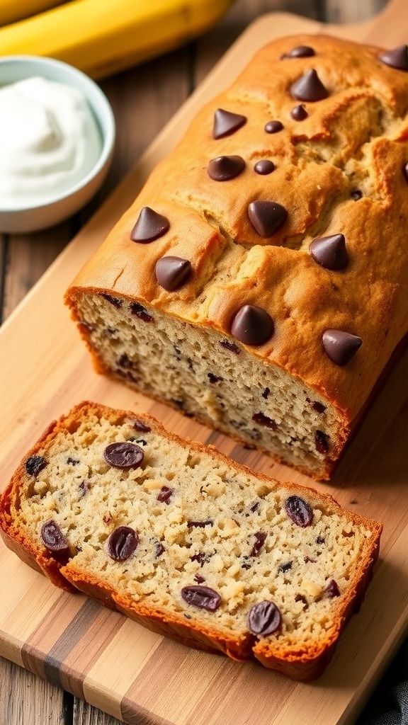 A loaf of banana bread with chocolate chips on a cutting board, surrounded by bananas and yogurt.